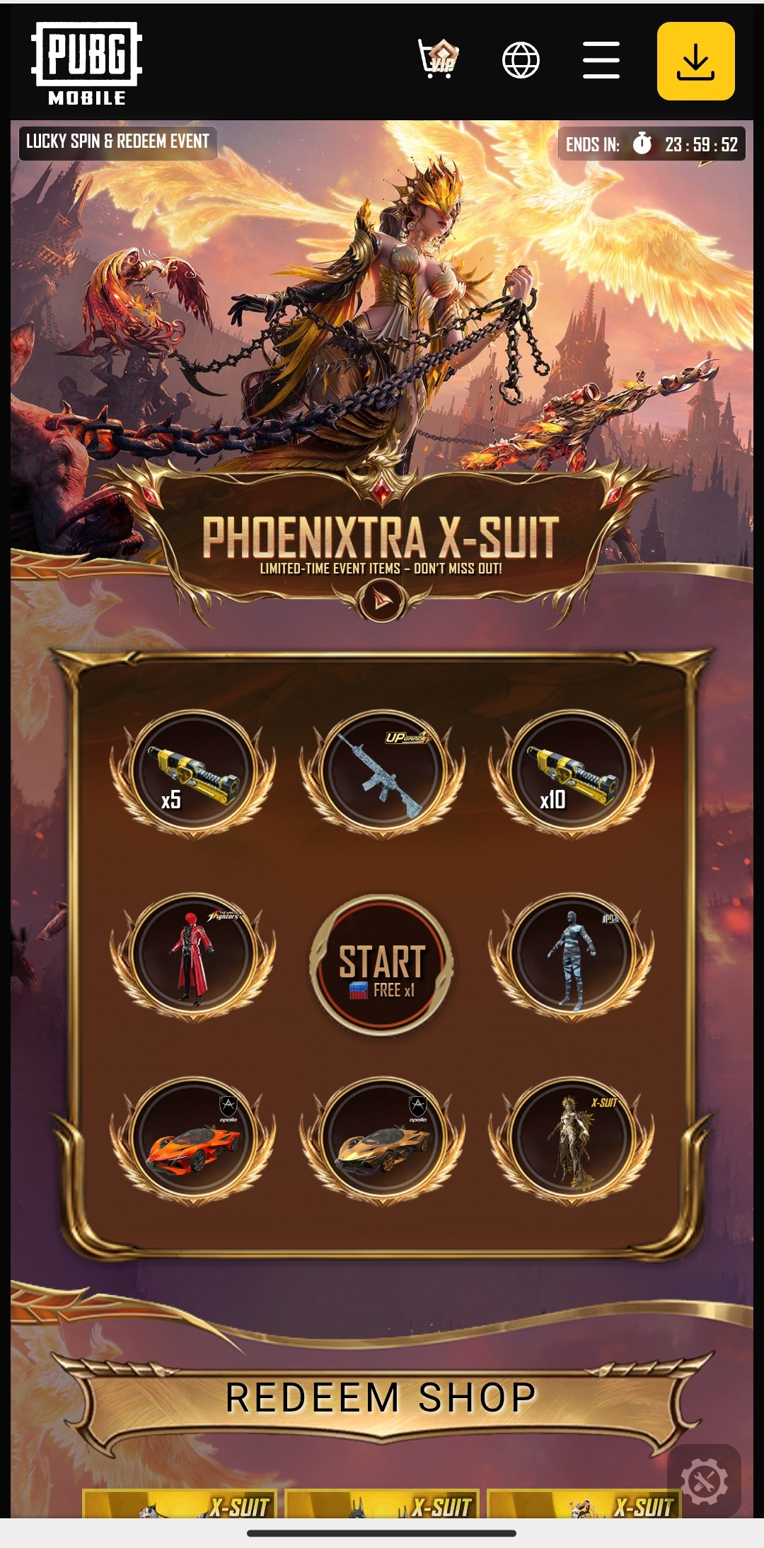 PUBGM SPIN + REDEEM PHOENIXTRA XSUIT
